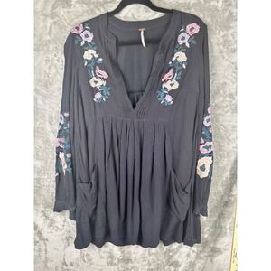 Free People Embroidered Tunic Top Womens Large Black Boho Peasant Dress
